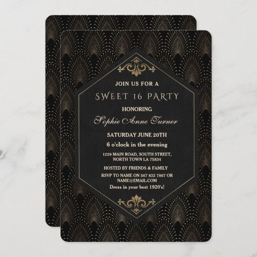 Glam Roaring 20s Great Gatsby Art Deco Sweet 16 Einladung (Vorne/Hinten)