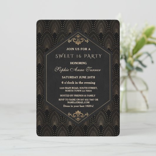 Glam Roaring 20s Great Gatsby Art Deco Sweet 16 Einladung (Stehend Vorderseite)