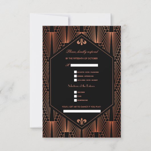 Glam Roaring 20s Great Gatsby Copper Black Wedding RSVP Karte (Vorderseite)