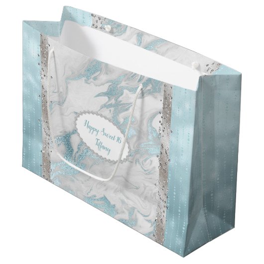 Glam Robins Egg Blue und Silver Gift Bag Große Geschenktüte (Vorderseite Schrägansicht)