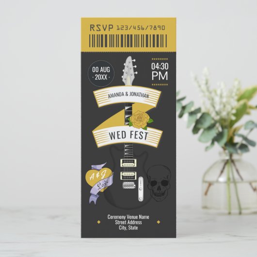 Glam Rock Rock ’n’ Roll Wedding Ticket Einladung (Stehend Vorderseite)