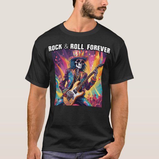 Glam Rock Skeleton Gitarrist Rock and Roll Forever T-Shirt (Vorderseite)
