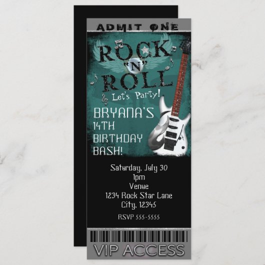 Glam Rock'n'Roll Star Birthday Ticket VIP Party Einladung (Vorne/Hinten)