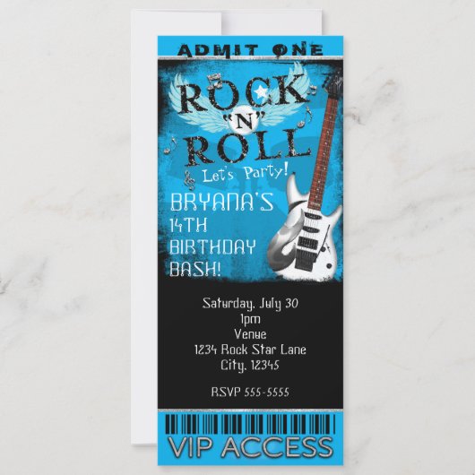 Glam Rock'n'Roll Star GeburtstagTicket VIP Blue Einladung (Vorderseite)