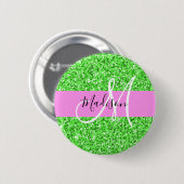 Glam Rosa und grüner Glitzer Glitzern Monogram Nam Button (Vorne & Hinten)