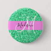 Glam Rosa und grüner Glitzer Glitzern Monogram Nam Button (Vorderseite)