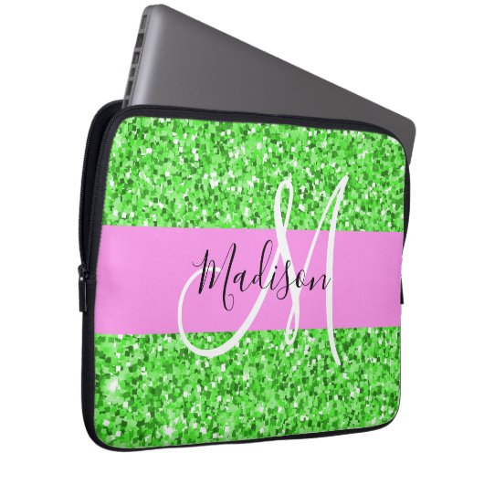 Glam Rosa und grüner Glitzer Glitzern Monogram Nam Laptopschutzhülle (Vorne Rechts)