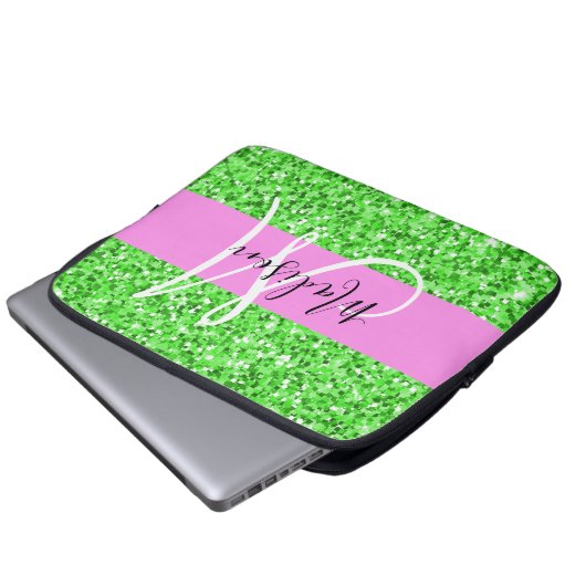 Glam Rosa und grüner Glitzer Glitzern Monogram Nam Laptopschutzhülle (Vorne Knopf)
