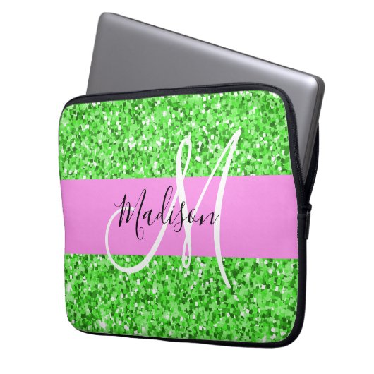 Glam Rosa und grüner Glitzer Glitzern Monogram Nam Laptopschutzhülle (Vorderseite Links)