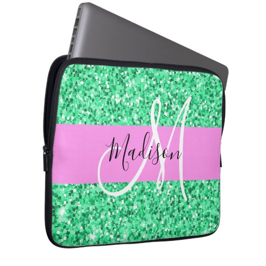 Glam Rosa und grüner Glitzer Glitzern Monogram Nam Laptopschutzhülle (Vorne Rechts)