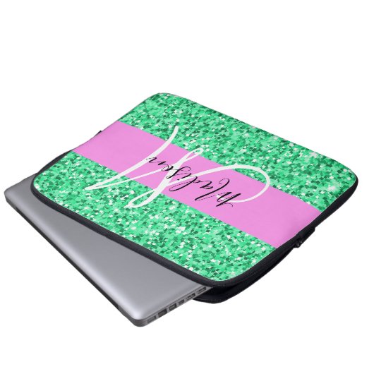 Glam Rosa und grüner Glitzer Glitzern Monogram Nam Laptopschutzhülle (Vorne Knopf)