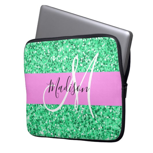Glam Rosa und grüner Glitzer Glitzern Monogram Nam Laptopschutzhülle (Vorderseite Links)