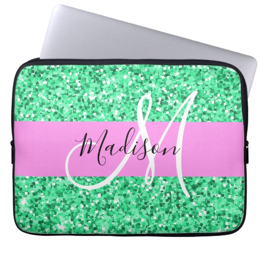 Glam Rosa und grüner Glitzer Glitzern Monogram Nam Laptopschutzhülle (Vorderseite)