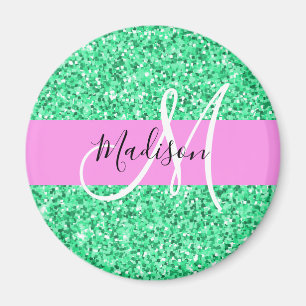 Glam Rosa und grüner Glitzer Glitzern Monogram Nam Magnet