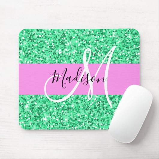 Glam Rosa und grüner Glitzer Glitzern Monogram Nam Mousepad (Mit Mouse)