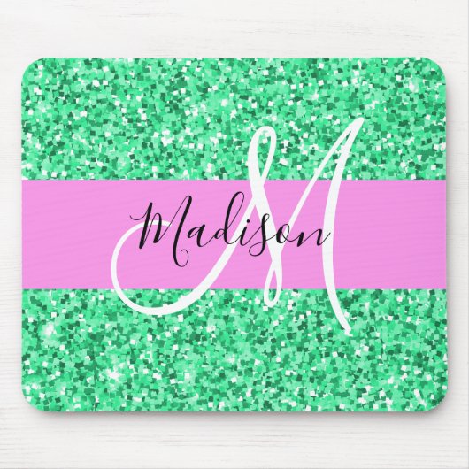 Glam Rosa und grüner Glitzer Glitzern Monogram Nam Mousepad (Vorne)
