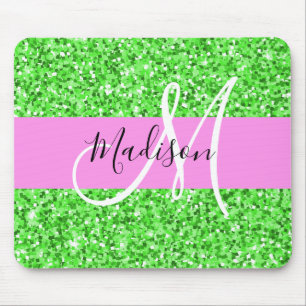Glam Rosa und grüner Glitzer Glitzern Monogram Nam Mousepad