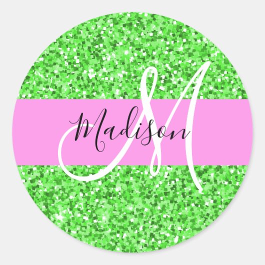 Glam Rosa und grüner Glitzer Glitzern Monogram Nam Runder Aufkleber (Vorderseite)