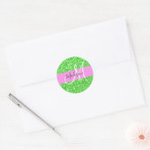 Glam Rosa und grüner Glitzer Glitzern Monogram Nam Runder Aufkleber (Umschlag)