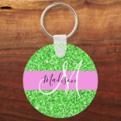 Glam Rosa und grüner Glitzer Glitzern Monogram Nam Schlüsselanhänger (Vorderseite)
