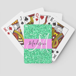 Glam Rosa und grüner Glitzer Glitzern Monogram Nam Spielkarten