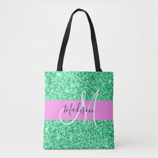 Glam Rosa und grüner Glitzer Glitzern Monogram Nam Tasche (Vorderseite)