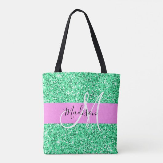 Glam Rosa und grüner Glitzer Glitzern Monogram Nam Tasche (Rückseite)