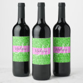 Glam Rosa und grüner Glitzer Glitzern Monogram Nam Weinetikett (Flaschen)