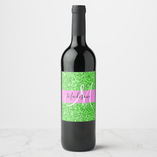 Glam Rosa und grüner Glitzer Glitzern Monogram Nam Weinetikett (Vorderseite)
