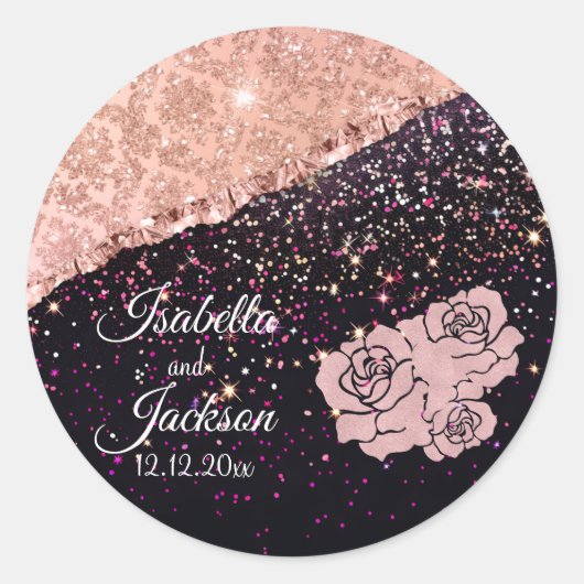 Glam Rose Black Glitzer Blush Rose Hochzeit Runder Aufkleber (Vorderseite)
