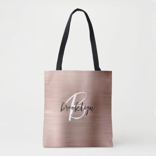 Glam Rose Gold Brushed Metal Schwarz-weiß Monogram Tasche (Vorderseite)