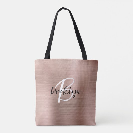 Glam Rose Gold Brushed Metal Schwarz-weiß Monogram Tasche (Rückseite)
