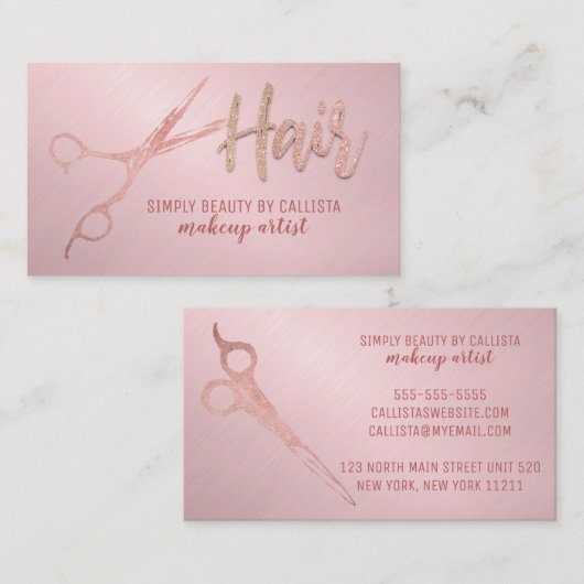 Glam Rose Gold Foil Glitzer Schere Haarstühle Visitenkarte (Vorne/Hinten)