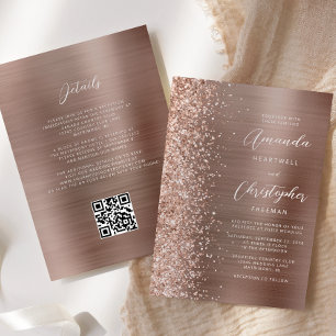 Glam Rose Gold gebürstete Metall-QR-Code-Hochzeit Einladung