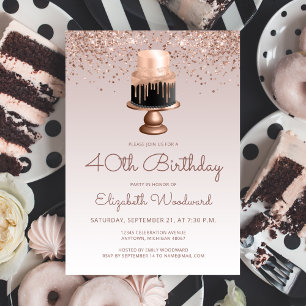 Glam Rose Gold Glitzer Cake 40. Geburtstag Party Einladung