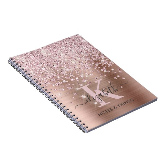 Glam Rose Gold Glitzer Diamond Script Mit Monogram Notizblock (Rechte Seite)