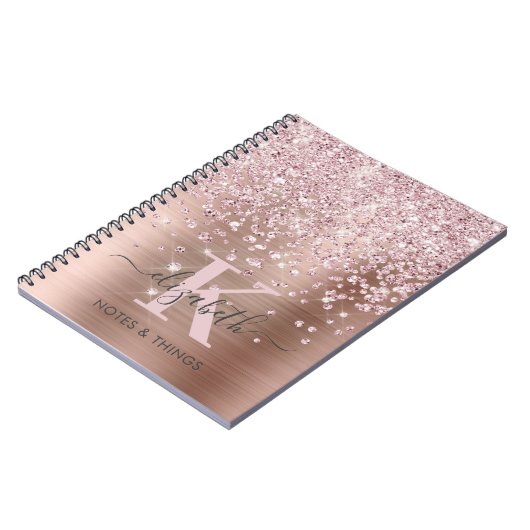 Glam Rose Gold Glitzer Diamond Script Mit Monogram Notizblock (Linke Seite)