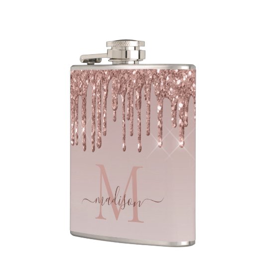 Glam Rose Gold Glitzer Drilling Sparkle Monogram Flachmann (Links)