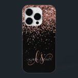 Glam Rose Gold Glitzer Elegantes Monogramm iPhone 14 Pro Hülle<br><div class="desc">Glam Rose Gold Glitter Elegant Monogram iPhone Case. Easily personalize this trendy chic phone case design elegant rose gold sparkling glitter on a black background. The design feys your handwritten script monogram with pretty swirls and name.</div>