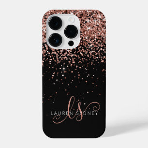 Glam Rose Gold Glitzer Elegantes Monogramm iPhone 14 Pro Hülle