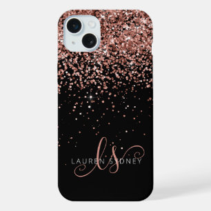 Glam Rose Gold Glitzer Elegantes Monogramm iPhone 15 Plus Hülle