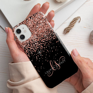 Glam Rose Gold Glitzer Elegantes Monogramm iPhone 14 Hülle