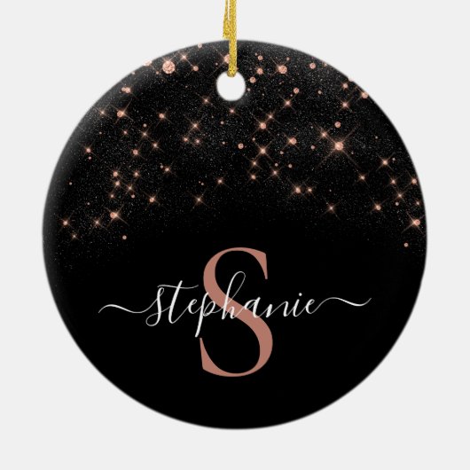 Glam Rose Gold Glitzer Elegantes Monogramm Keramik Ornament (Hinten)