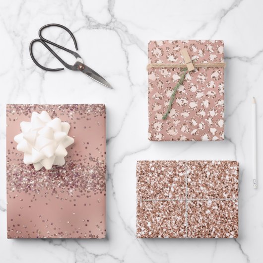 Glam Rose Gold Glitzer Leopard Geschenkpapier Set (Vorderseite)