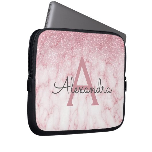 Glam Rose Gold Glitzer Marmorsparkle Monogramm Laptopschutzhülle (Vorne Rechts)