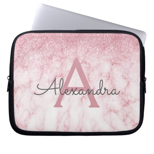 Glam Rose Gold Glitzer Marmorsparkle Monogramm Laptopschutzhülle (Vorderseite)