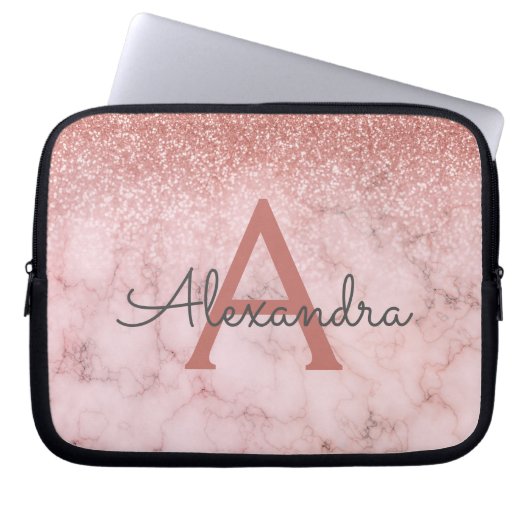 Glam Rose Gold Glitzer Marmorsparkle Monogramm Laptopschutzhülle (Vorderseite)