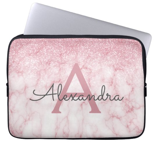 Glam Rose Gold Glitzer Marmorsparkle Monogramm Laptopschutzhülle (Vorderseite)