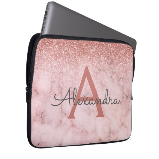 Glam Rose Gold Glitzer Marmorsparkle Monogramm Laptopschutzhülle (Vorne Rechts)