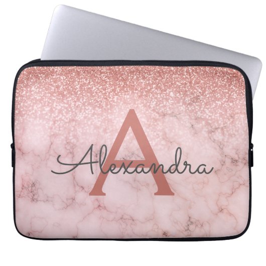 Glam Rose Gold Glitzer Marmorsparkle Monogramm Laptopschutzhülle (Vorderseite)
